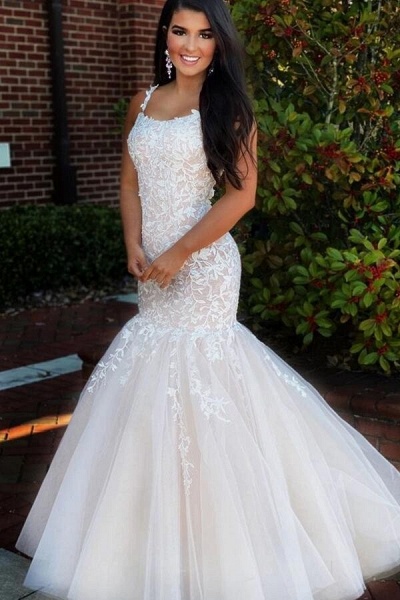 Classy Spaghetti Straps Backless Appliques Lace Floor-length Tulle Ruffles Mermaid Prom Dress_1
