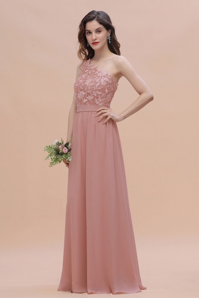 One Shoulder Floor-length A-Line Chiffon Bridesmaid Dress With Appliques Lace_5