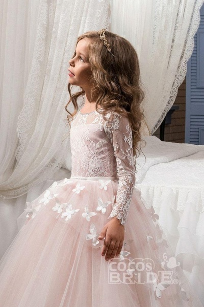 White Scoop Neck Long Sleeves Ball Gown Flower Girls Dress_3