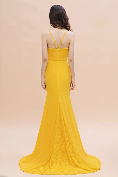 Leuchtend gelbes Meerjungfrau-Brautjungfernkleid mit Juwelenausschnitt, rückenfreies Kleid für Hochzeitsgäste_3