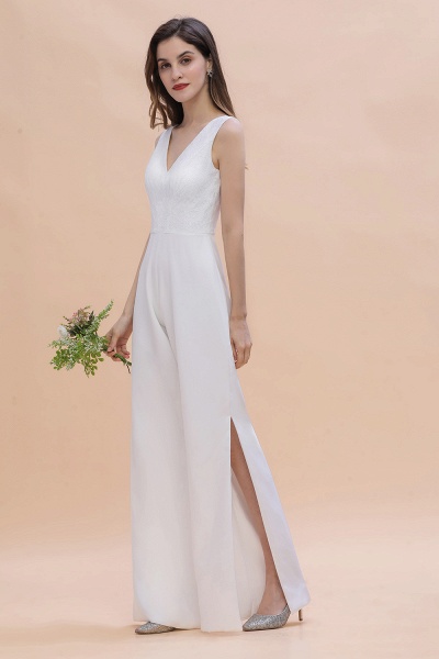 Chic White Deep V-neck Bridesmaid Dress Backless Floor-length Jumpsuit_6