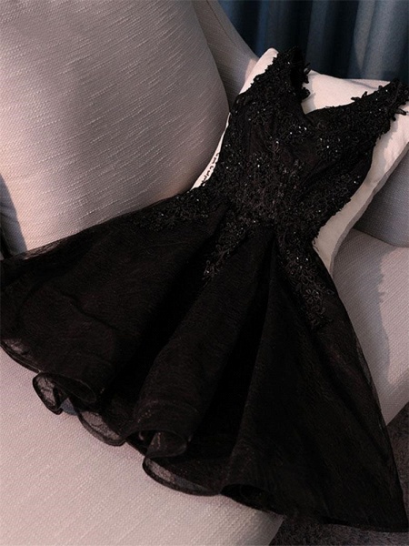 Attractive Black Appliques Lace Sequins Tulle Short A-line Prom Dress_2