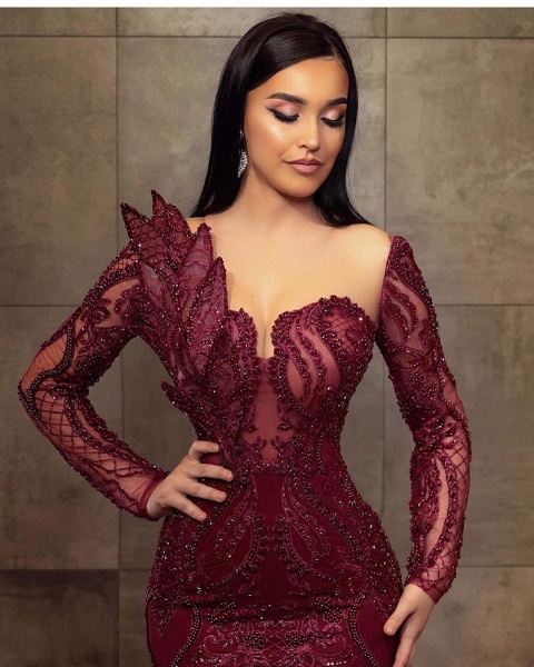 Stunning Burgundy Long Mermaid Sweetheart Lace Tulle Formal Evening Dresses_3