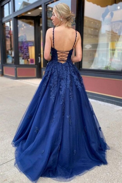 Beautiful A-line V-neck Spaghetti Straps Appliques Lace Tulle Floor-length Backless Prom Dress_4