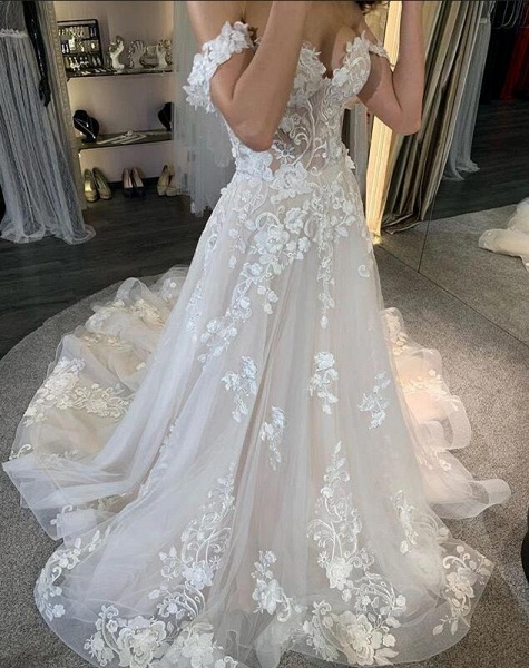 Simple Long A-line Tulle Off-the-Shoulder Lace Appliques Wedding Dress ...