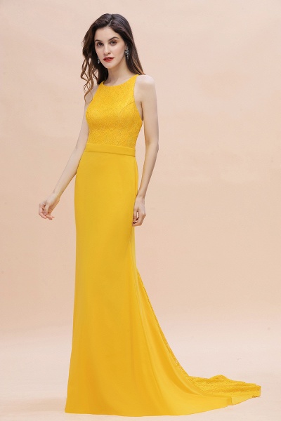 Leuchtend gelbes Meerjungfrau-Brautjungfernkleid mit Juwelenausschnitt, rückenfreies Kleid für Hochzeitsgäste_6
