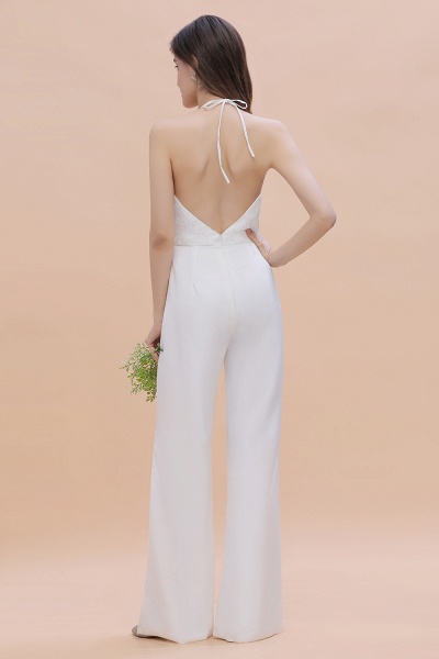 Schlichter, weißer, bodenlanger Neckholder-Jumpsuit, geteiltes Brautjungfernkleid mit offenem Rücken_3