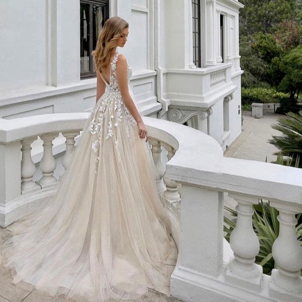 Luxury Long A-line V-neck Tulle Sleeveless Backless Wedding Dress with Lace_3