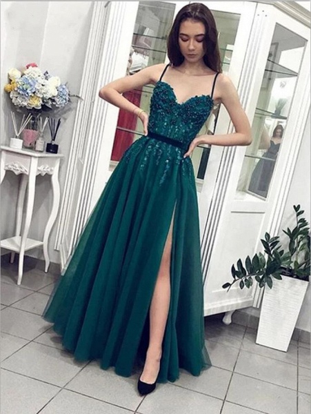 Classy Sweetheart Spaghetti Straps A-line Beading Tulle Floor-length Prom Dress With Slit_2