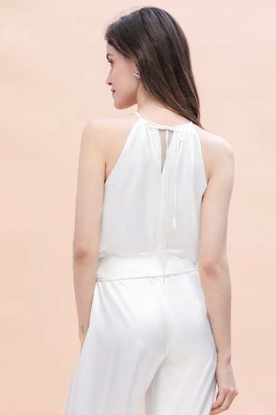 Elegant White Halter Bridesmaid Dress Floor-length Jumpsuit With Bowknot_8
