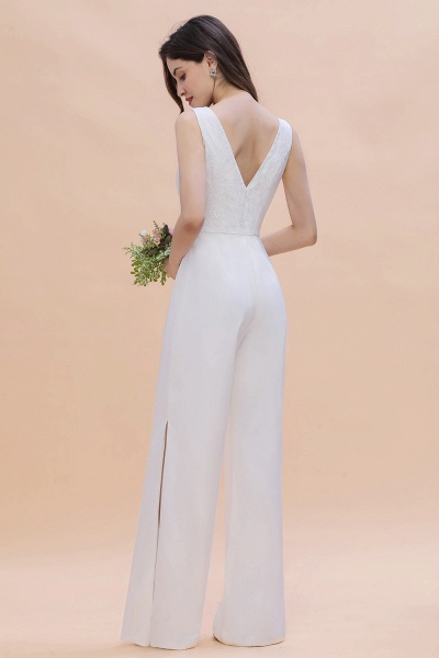Chic White Deep V-neck Bridesmaid Dress Backless Floor-length Jumpsuit_7
