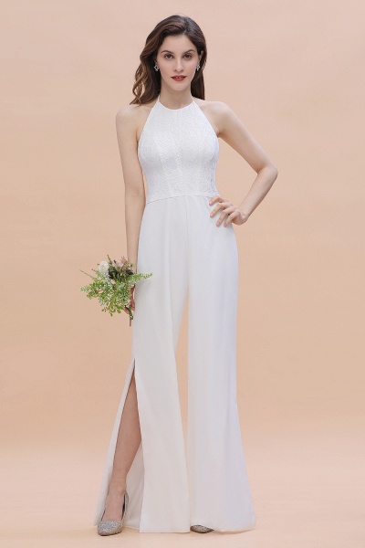 Simple White Floor-length Halter Jumpsuit Split Open Back Bridesmaid Dress_7
