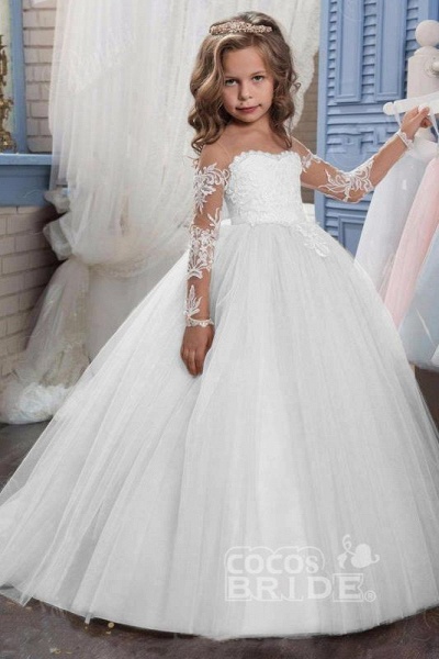Weißes U-Ausschnitt mit langen Ärmeln Duchesse-Kleid Blumenmädchenkleid_1