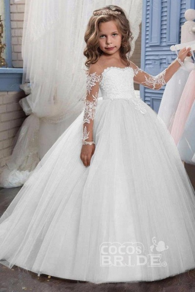 White Scoop Neck Long Sleeves Ball Gown Flower Girls Dress_1