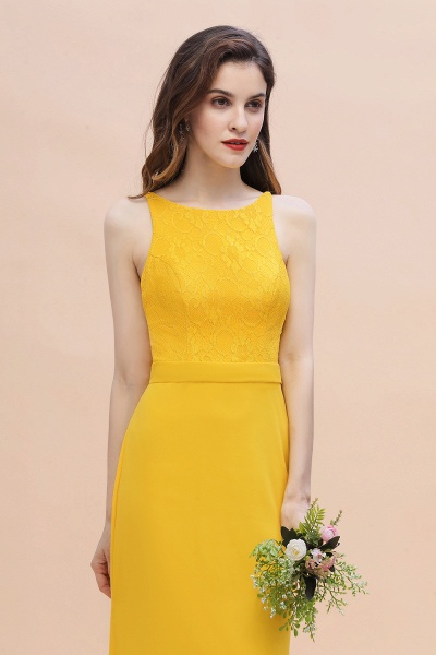 Leuchtend gelbes Meerjungfrau-Brautjungfernkleid mit Juwelenausschnitt, rückenfreies Kleid für Hochzeitsgäste_9