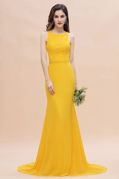 Leuchtend gelbes Meerjungfrau-Brautjungfernkleid mit Juwelenausschnitt, rückenfreies Kleid für Hochzeitsgäste_7