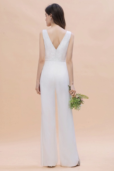 Chic White Deep V-neck Bridesmaid Dress Backless Floor-length Jumpsuit_3