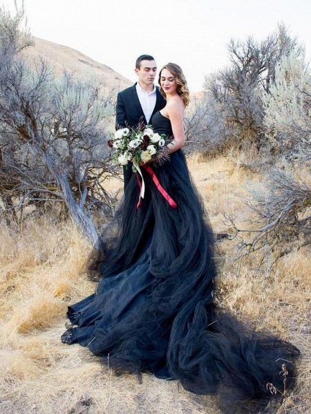 Elegantes, langes, trägerloses, schwarzes Tüll-Hochzeitskleid in A-Linie_2