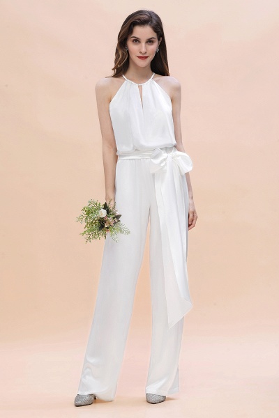 Elegant White Halter Bridesmaid Dress Floor-length Jumpsuit With Bowknot_1