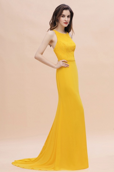 Leuchtend gelbes Meerjungfrau-Brautjungfernkleid mit Juwelenausschnitt, rückenfreies Kleid für Hochzeitsgäste_4