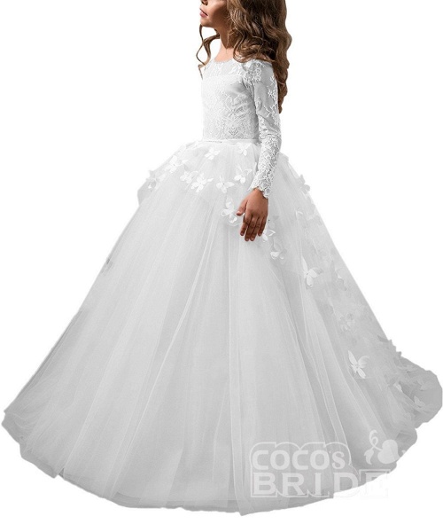 White Scoop Neck Long Sleeves Ball Gown Flower Girls Dress_6