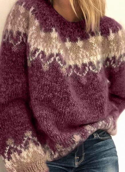 Round Neckline Color Block Casual Loose Regular Shift Sweaters_1