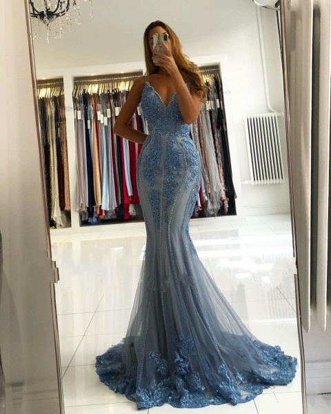 Beautiful Spaghetti Straps V-neck Appliques Lace Tulle Ruffles Backless Floor-length Mermaid Prom Dress_2