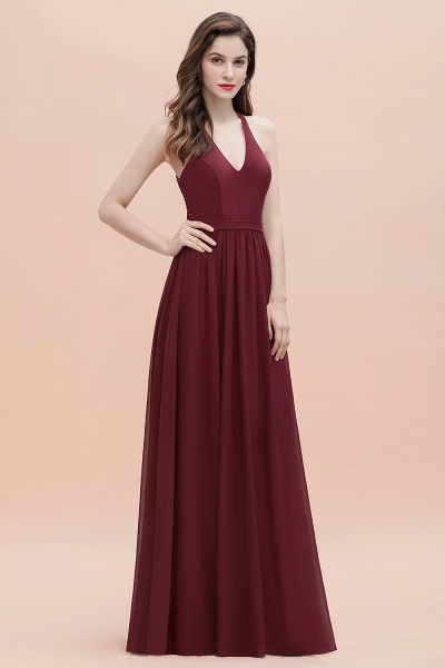 Burgundy Sleeveless V-neck Beaded Back Chiffon Bridesmaid Dress_4