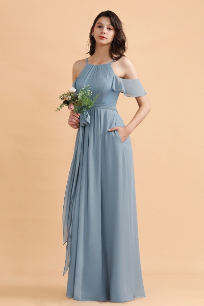 Amazing Grey Blue Off-the-Shoulder A-Line Soft Chiffon Bridesmaid Dress With Bowknot_4