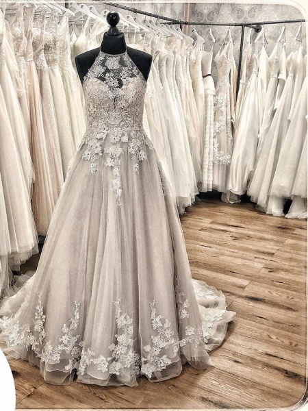 Elegant A-line Halter Backless Appliques Lace Tulle Ruffles Train Wedding Dress_2