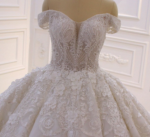 Gorgeous Sweetheart Off-the-Shoulder Backless Appliques Lace Ruffles Tulle Princess Wedding Dress_4