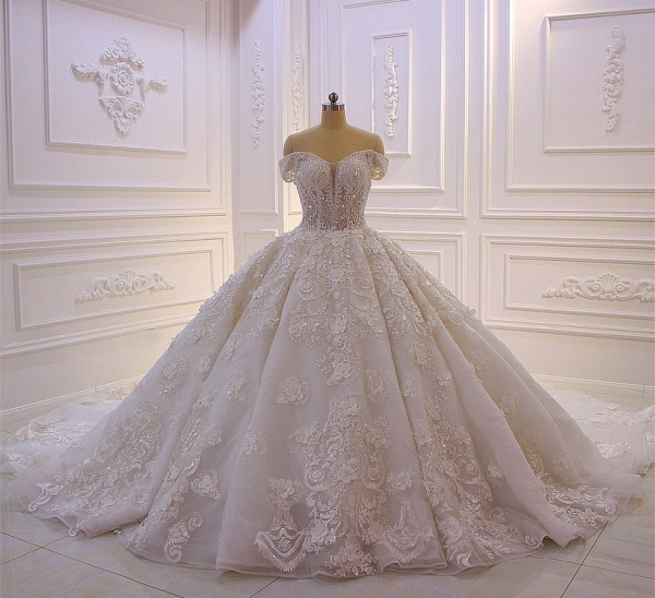 Gorgeous Sweetheart Off-the-Shoulder Backless Appliques Lace Ruffles Tulle Princess Wedding Dress_3