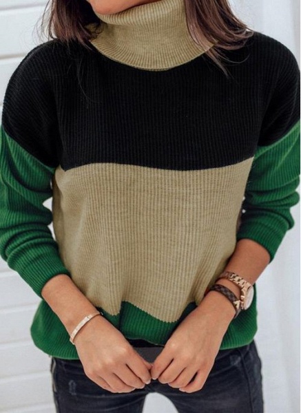 High Neckline Color Block Casual Loose Regular Shift Sweaters_2