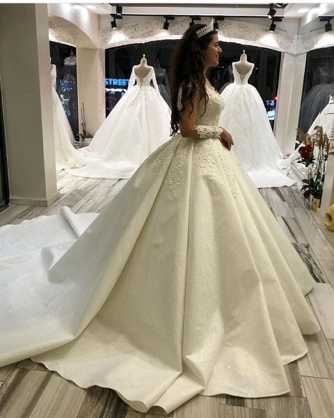 Elegant Long Princess Sweetheart Satin Wedding Dress with Sleeves_3