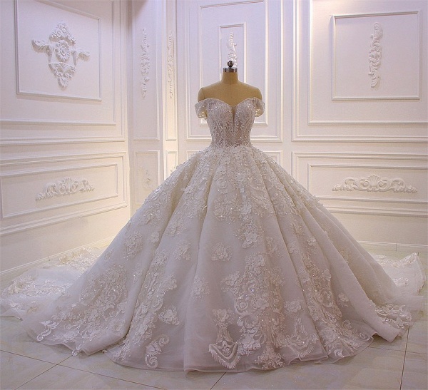 Gorgeous Sweetheart Off-the-Shoulder Backless Appliques Lace Ruffles Tulle Princess Wedding Dress_5
