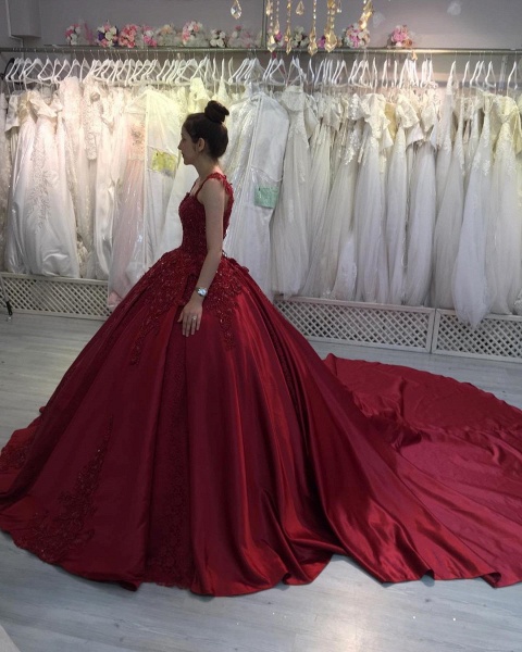 Gorgeous Train Sweetheart Spaghetti Straps Appliques Lace Satin Princess Prom Dress_3