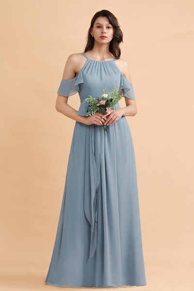 Amazing Grey Blue Off-the-Shoulder A-Line Soft Chiffon Bridesmaid Dress With Bowknot_1