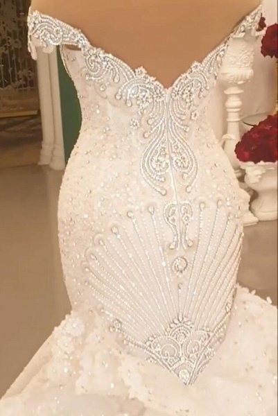 Gorgeous Off the Shoulder Crystal Floor-length Backless Mermaid Wedding Dresses_5