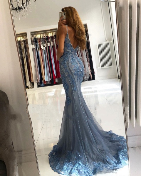 Beautiful Spaghetti Straps V-neck Appliques Lace Tulle Ruffles Backless Floor-length Mermaid Prom Dress_3