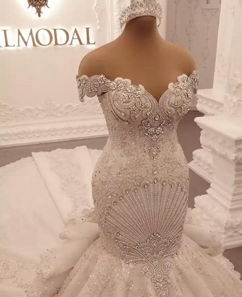 Gorgeous Off the Shoulder Crystal Floor-length Backless Mermaid Wedding Dresses_7