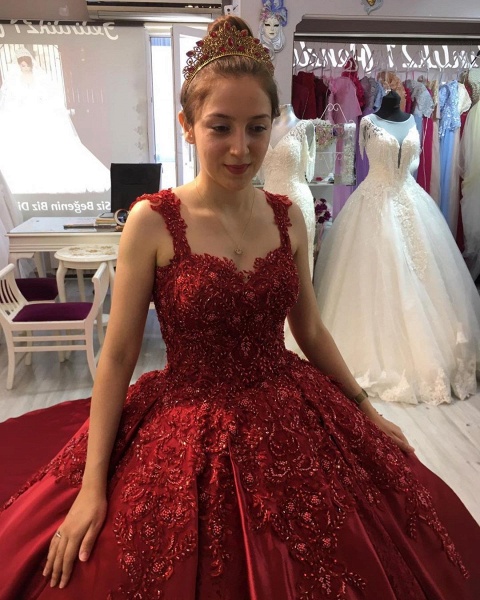 Gorgeous Train Sweetheart Spaghetti Straps Appliques Lace Satin Princess Prom Dress_4