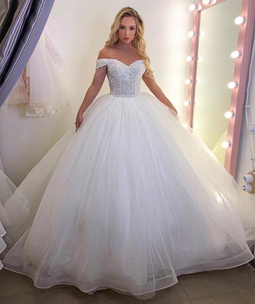 Extravagant Long Princess off-the-shoulder Tulle Wedding Dress_2