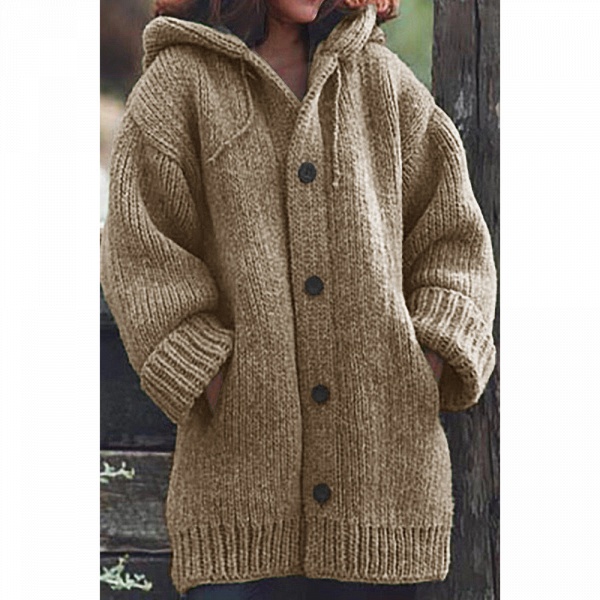 Women Long Cardigan Solid Hooded Sweater_4