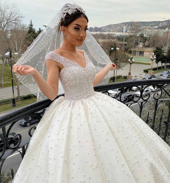 Gorgeous Sweetheart Off-the-Shoulder Backless Pearl Beading Ruffles Tulle Ball Gown Wedding Dress_4