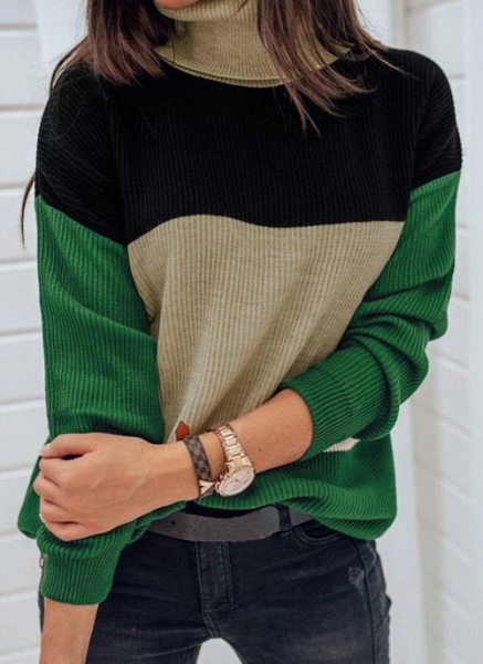 High Neckline Color Block Casual Loose Regular Shift Sweaters