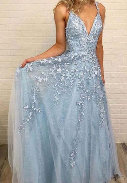 Charming A-Line V-neck Spaghetti Straps Appliques Lace Tulle Floor-length Prom Dress_4