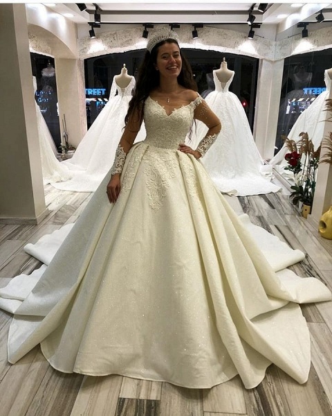 Elegant Long Princess Sweetheart Satin Wedding Dress with Sleeves_2