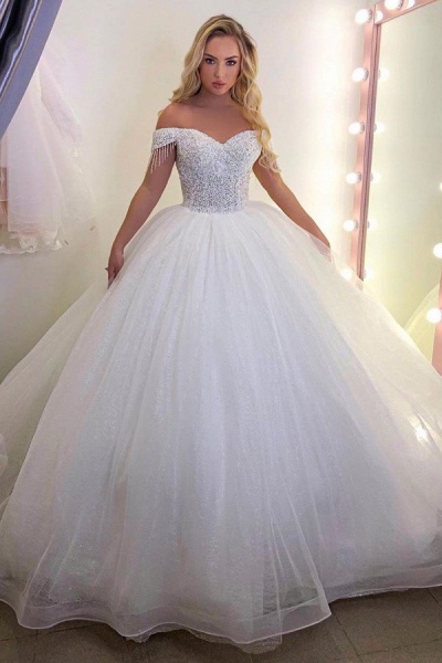 Extravagant Long Princess off-the-shoulder Tulle Wedding Dress_1