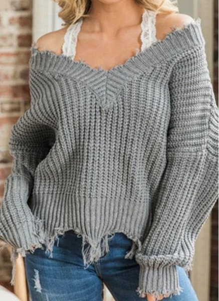 V-Neckline Solid Casual Loose Regular Tassel Sweaters_4