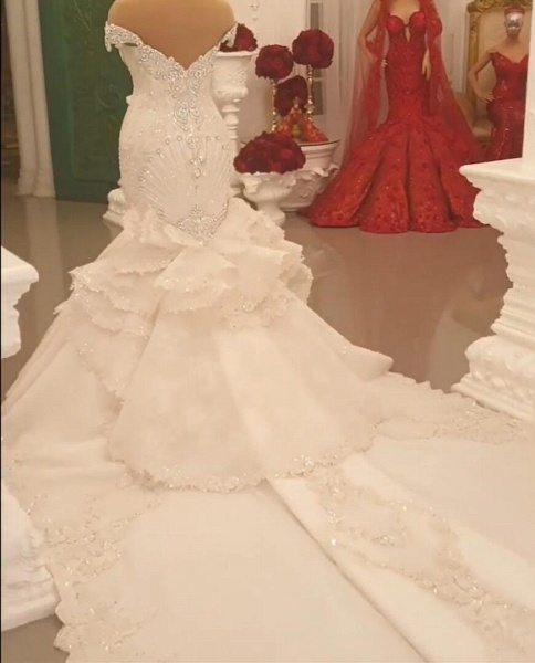 Gorgeous Off the Shoulder Crystal Floor-length Backless Mermaid Wedding Dresses_9
